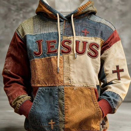 Mens Multi Color Patchwork Hoodie Soft Lined Raised Embroidery Slogan Small Cross Accent Minimal Casual Sweat Top