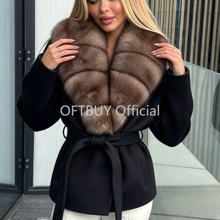 OFTBUY Women 100% Wool Short Coat Real Fox Fur Collar Woolen Jacket New Luxury Winter Natural Fur Clothes Warm Belted Outerwear