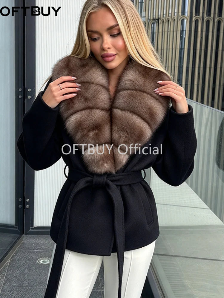 OFTBUY Women 100% Wool Short Coat Real Fox Fur Collar Woolen Jacket New Luxury Winter Natural Fur Clothes Warm Belted Outerwear