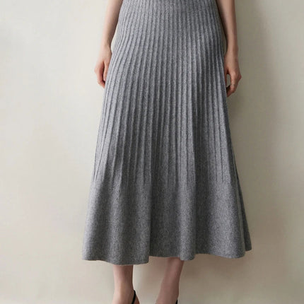 New Arrivals Women Cashmere A-line Skirt Elastic Waist Pleated Skirt 100% Cashmere Knitted Autumn Winter Thin Office Lady Dress PlatiNum