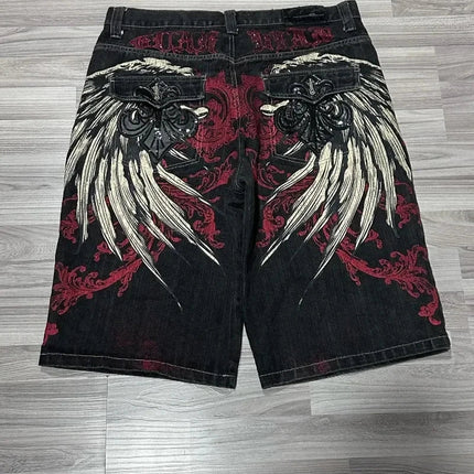 American Vintage Popular New Pattern Embroidery Baggy Denim Shorts Men Street Fashion Gothic Casual Joker Shorts Women Clothing PlatiNum
