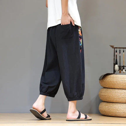 Pantaloncini estivi da uomo Pantaloni casual traspiranti in cotone Pantaloni larghi tradizionali retrò streetwear al polpaccio Pantaloncini comodi da uomo