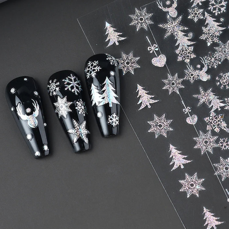 2pc Holographic Christmas Nail Art Stickers Iridescent Laser Snowflake Deer Tree Winter Slider Decals New Year Manicure Supplies