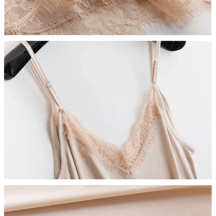 Abbigliamento primavera/autunno da donna 23% seta di gelso naturale allentato scollo a V pizzo slip camicia da notte tinta unita sexy abito base lavorato a maglia
