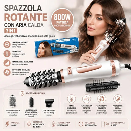 3-in-1 800W Rotating Hot Air Brush Hair Dryer Volumizer Adjustable Temperature Auto Rotation Styling Brush