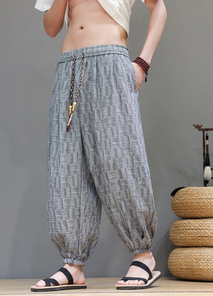 Men's Corduroy Chinese Style Wide Leg Trousers, Lantern Pants, Comfortable and Breathable for Autumn and Winter, Casual Joggers
