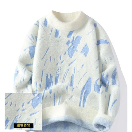 Winter Men's Thickened Fleece Sweater Irregular Jacquard Pattern Casual Round Neck Pullover Tops Striped Soft Knitted Sweaters