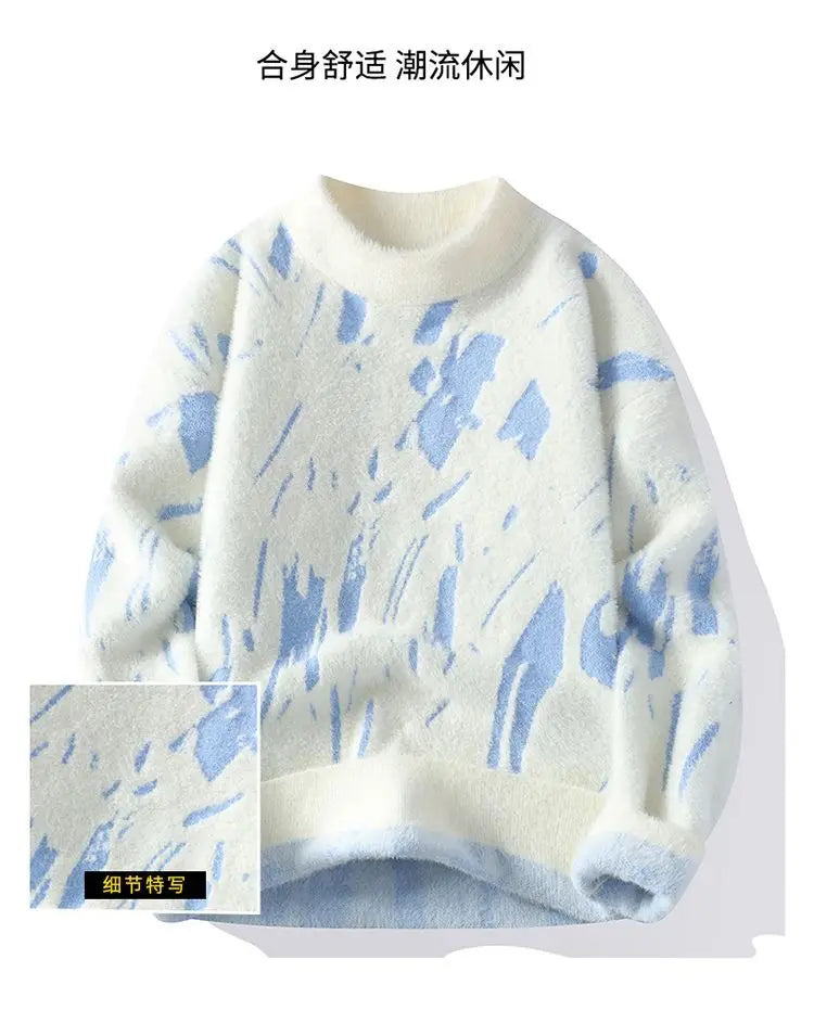 Winter Men's Thickened Fleece Sweater Irregular Jacquard Pattern Casual Round Neck Pullover Tops Striped Soft Knitted Sweaters