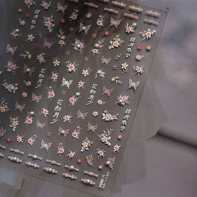 5D Kawaii Lily Nail Art Stickers 1pcs Japanese Pink White Flower With Diamond Self Adhesive Nail Decorations Slider Decals DIY