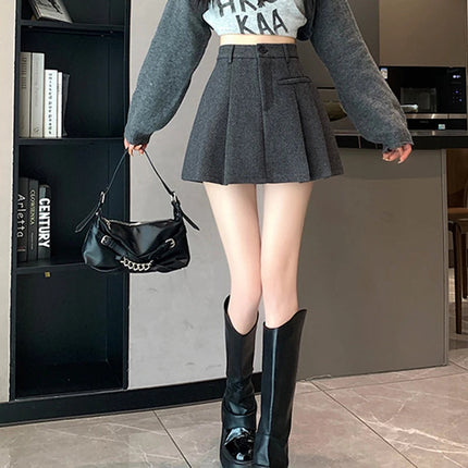 Gidyq Women Wool Mini Skirt Casual Korean Female High Waist Pleated Skirt Harajuku Fashion Streetwear Thick A Line Skirts New PlatiNum