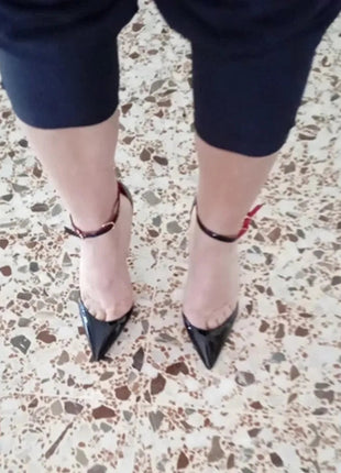Black Patent Leather Women Ankle Strap Stiletto Pumps Pointed Toe Sexy High Heel Shoes 8cm 10cm 12cm Customize 33-46 PlatiNum