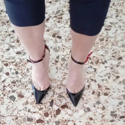 Black Patent Leather Women Ankle Strap Stiletto Pumps Pointed Toe Sexy High Heel Shoes 8cm 10cm 12cm Customize 33-46 PlatiNum