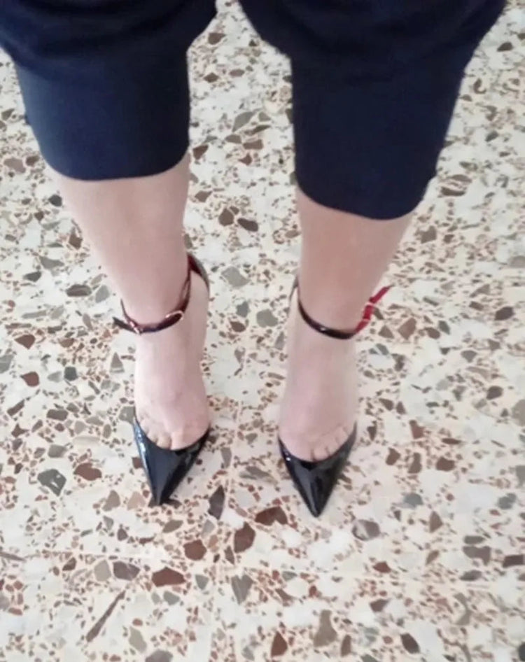 Black Patent Leather Women Ankle Strap Stiletto Pumps Pointed Toe Sexy High Heel Shoes 8cm 10cm 12cm Customize 33-46 PlatiNum