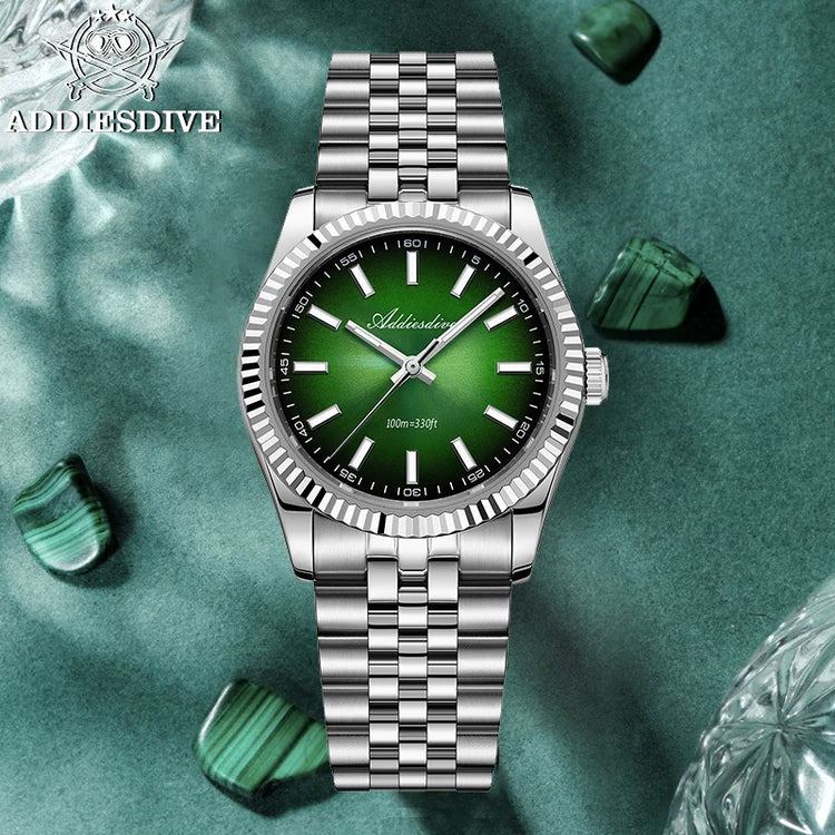 ADDIESDIVE Men Watch 36mm Quartz Wristwatch AD2073 Sapphire Sunburst Dive 100m Waterproof BGW9 Luminous  Watch for Men