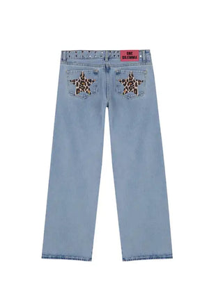 Y2k One Dilemma Pantaloni in denim Stampa leopardata Stella Jeans a gamba larga Streetwear Jeans larghi a vita alta Harajuku Abbigliamento donna gotico