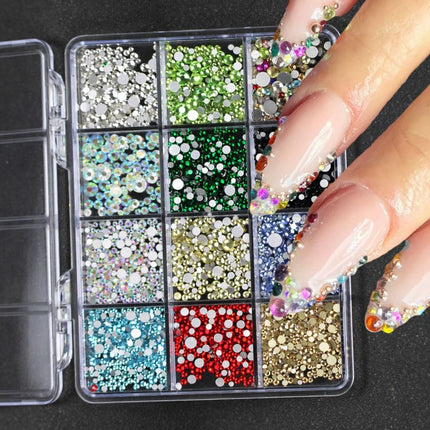 12Grids/Box Mixed Resin Bowknot Nail Charms 3D Colorful Bow Kawaii Rhinestone Nail Art Decorations DIY Manicure Parts Pen Tweeze