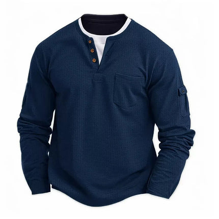 2025 T-shirt fake two-piece double-layer V-neck fashionable splicing plus size base shirt pocket men's long sleeved T PlatiNum