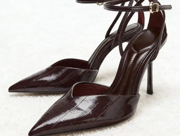 Designer Burgundy Red Ankle Strap Pumps Women Sexy Pointed-Toe Patent Leather High Heels for Ladies Elegant Party Dress Shoes PlatiNum