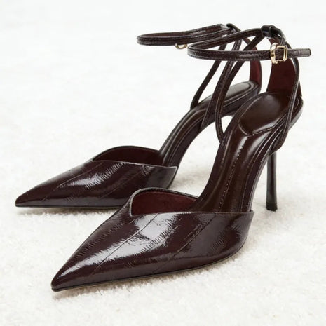 Designer Burgundy Red Ankle Strap Pumps Women Sexy Pointed-Toe Patent Leather High Heels for Ladies Elegant Party Dress Shoes PlatiNum