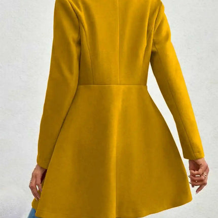 Women's Autumn Winter Yellow Woolen Coat Elegant Lapel Double Button Slim Fit Mid-Length Overcoat Casual Long Sleeve Outerwear F