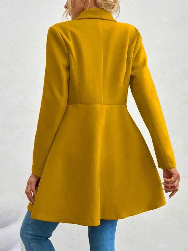 Women's Autumn Winter Yellow Woolen Coat Elegant Lapel Double Button Slim Fit Mid-Length Overcoat Casual Long Sleeve Outerwear F