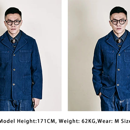 Men's Indigo Cargo Jacket Height Weight Cotton Lapel Multi-pocket Jacket Male French Vintage Thick Workwear Tooling Jacket Coat
