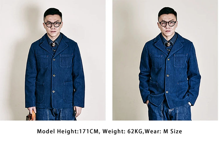 Men's Indigo Cargo Jacket Height Weight Cotton Lapel Multi-pocket Jacket Male French Vintage Thick Workwear Tooling Jacket Coat