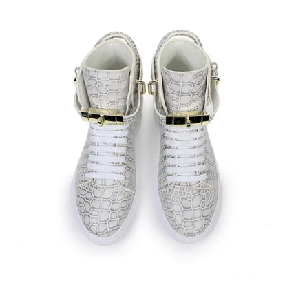 Luxury Designer Men Crocodile Pattern High Top Sneakers Glossy Patent Leather Gold Buckle Lace-up Casual Street Shoes Footwear