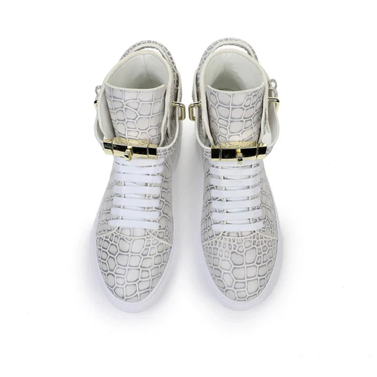 Luxury Designer Men Crocodile Pattern High Top Sneakers Glossy Patent Leather Gold Buckle Lace-up Casual Street Shoes Footwear