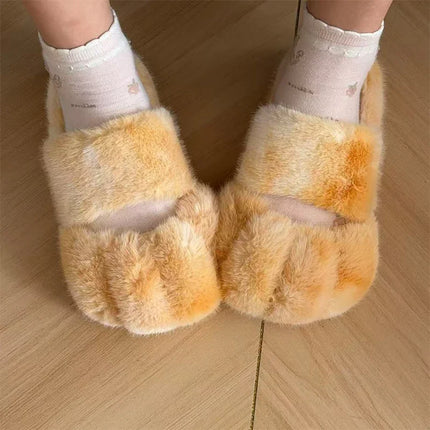 Women Kawaii Furry Cat Paw Slippers, Imitation Fur Fluffy Plush Warm Home Shoes, Comfort Flat Heel Cute Cat Slippers for Bedroom Indoor Daily Wear