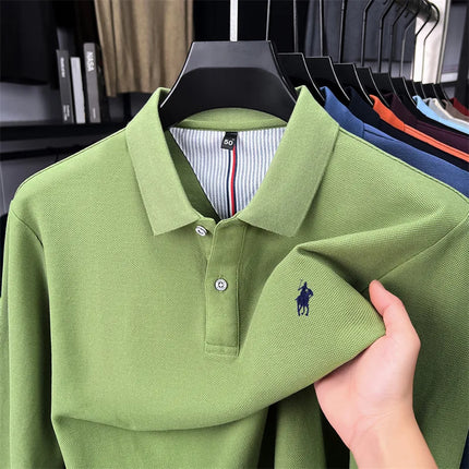 High-end branded long-sleeved polo shirt, 100% cotton, new business men's leisure lapel t-shirt, luxury comfort with Paul pony embroidery