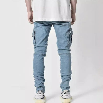 Men Street Elastic Denim Jeans Wash Solid Color Multi Pockets Cargo Pants Casual Slim Fit Daily Wear Joggers Mid Waist Trousers PlatiNum