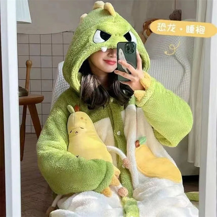 Cartoon Animal Fox Pajamas Women's Winter Coral Fleece Thickened One-Piece Plush Cute Long Hooded Plus Size Robe Home Wear