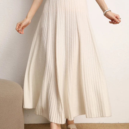 Women A-Line Pleated Skirt Cashmere High Waist Autumn Winter Large Umbrella Skirt 100% Cashmere Knitted Office Lady Casual Dress PlatiNum