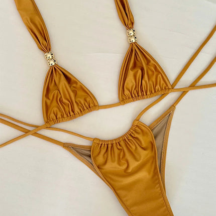 2025New Sexy a vita bassa Micro Bikini Set Costumi da bagno Donna Costume da bagno Solido brasiliano con spalline Halter Beachwear Costume da bagno biquini platinumshop