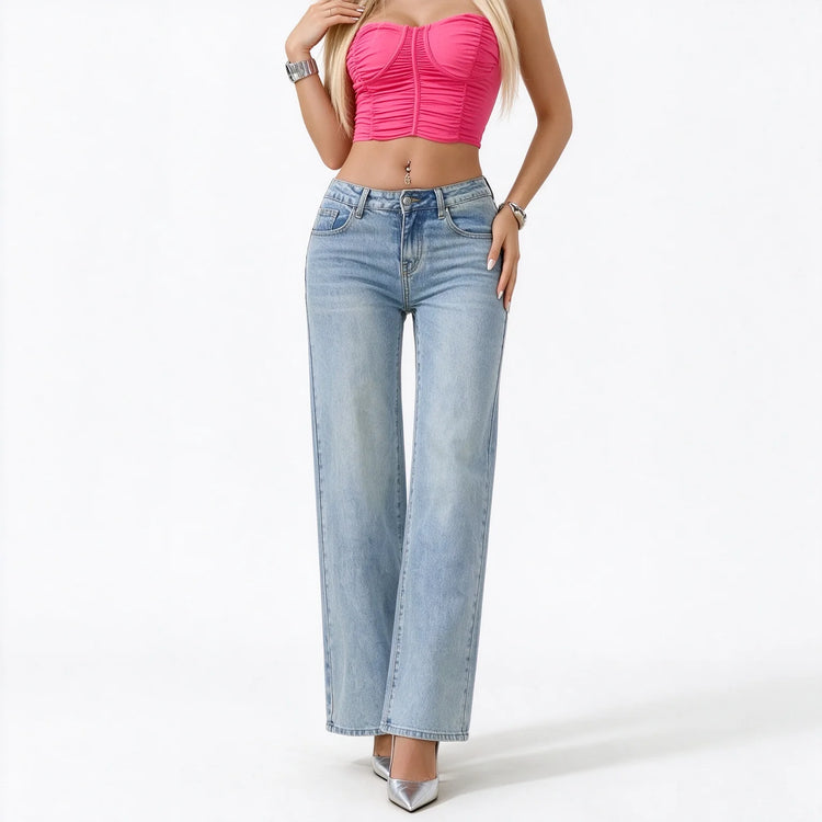Women's Low Waist Wide Leg Jeans, Light Wash Stretch Denim, Casual Shaping Wide Leg Pants for All Occasions,Yw-2025