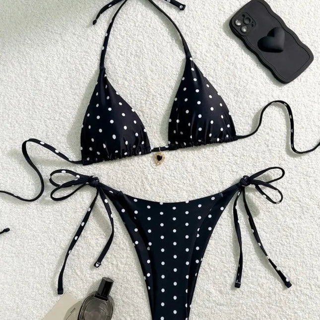 Set Bikini Sexy Nero e Bianco a Pois, Costume da Bagno Due Pezzi per Donne, Stile Americano da Spiaggia platinumshop