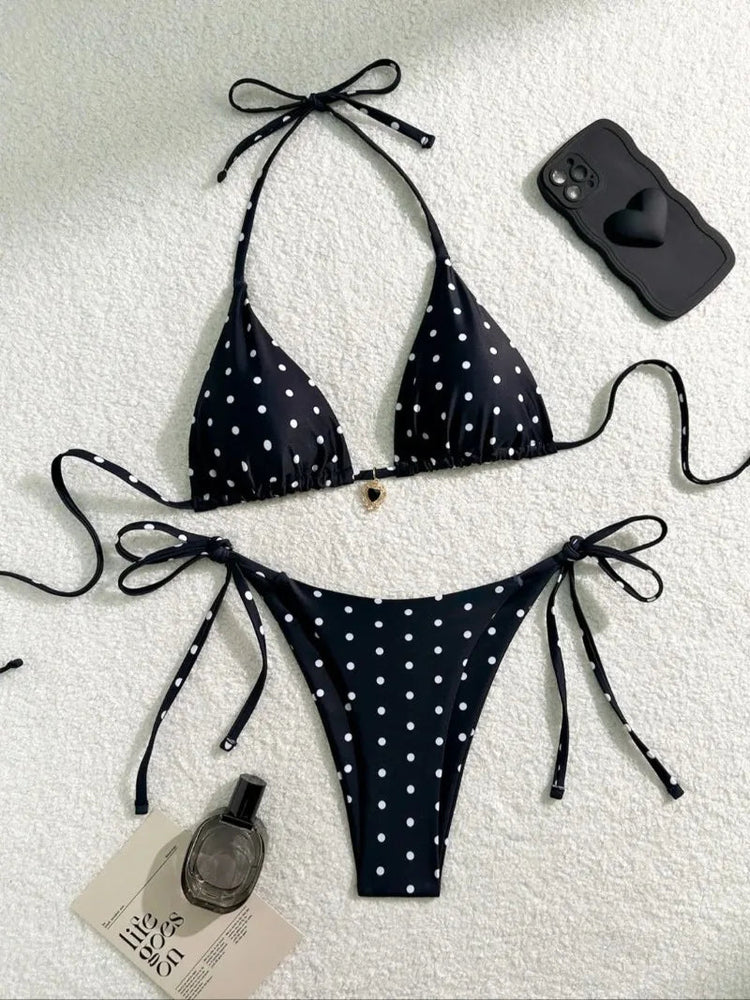 Set Bikini Sexy Nero e Bianco a Pois, Costume da Bagno Due Pezzi per Donne, Stile Americano da Spiaggia platinumshop