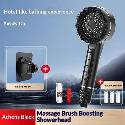 Soffione doccia autopulente a 4 modalità con spazzola in silicone, arresto acqua con un tasto, massaggio ad alta pressione, soffione in ABS con filtro