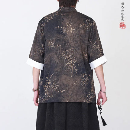 Camicie da uomo estive di lusso in jacquard con foglie di bambù, camicia a maniche corte da uomo in stile cinese tradizionale, camicia casual da uomo per Kung Fu e Tai Chi