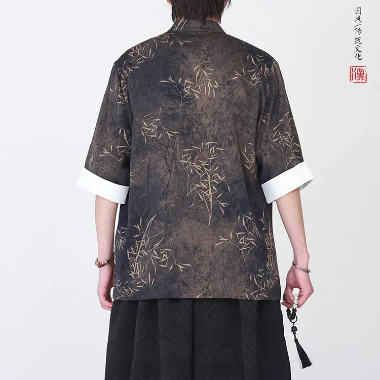 Camicie da uomo estive di lusso in jacquard con foglie di bambù, camicia a maniche corte da uomo in stile cinese tradizionale, camicia casual da uomo per Kung Fu e Tai Chi