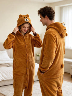 Onesie Brown Bear Cartoon jumpsuit pajamas flannel animal shaped home wear party cosplay cosplay costume Brown Bear