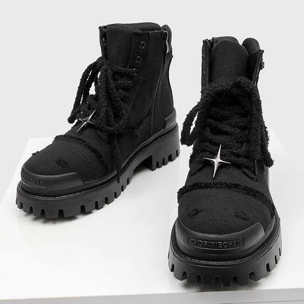 Four cornered star thick soled men high top boots European American anti kick height increasing anti slip retro motorcycle boots