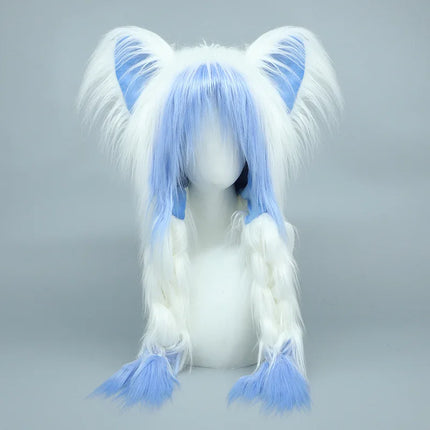 Long Plush Cat Ear Hat Fox Ear Double Braid Caps Cute Lolita Anime Fall Winter Cap Y2K Anime Cosplay Accessories