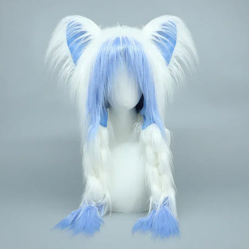 Long Plush Cat Ear Hat Fox Ear Double Braid Caps Cute Lolita Anime Fall Winter Cap Y2K Anime Cosplay Accessories