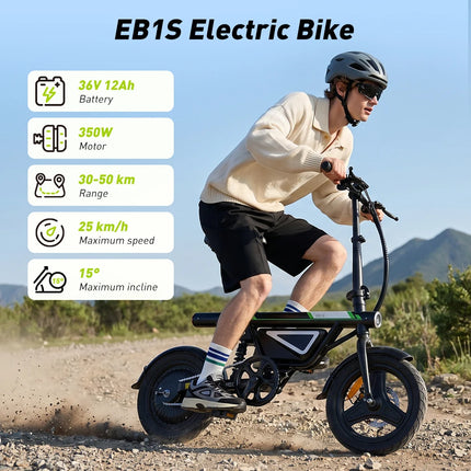 Bicicletta Elettrica EB1S da 14 Pollici, Motore 250W, Batteria 12Ah, Autonomia 30-50km, 3 Velocità, Velocità Massima 25km/h, Sospensione Centrale, E-Bike Pieghevole per Città, Bicicletta Elettrica per Adulti con Controllo