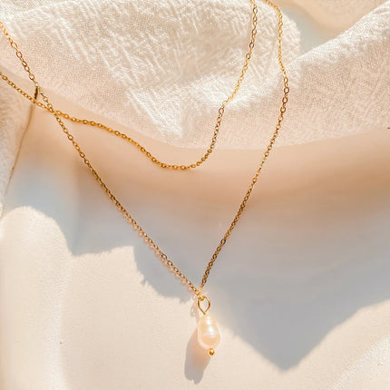eManco Minimalist Freshwater Pearl Necklace Women Girls 14K Gold Plated Stainless Steel Double Layer Necklace Wedding Jewelry PlatiNum