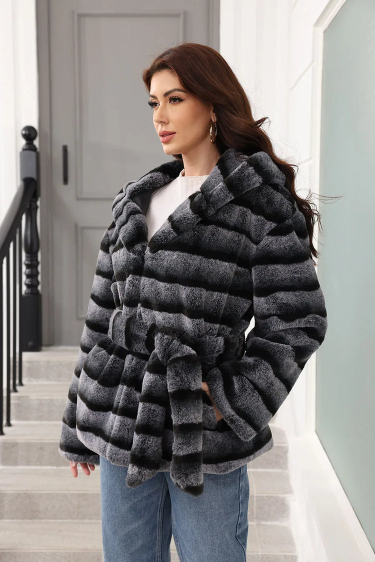 ZADORIN New Stripes Winter Fur Coats Woman Mid Long Hooded Warm Loose Faux Fur Coat For Woman Elegant Belted Fluffy Fur Jacket
