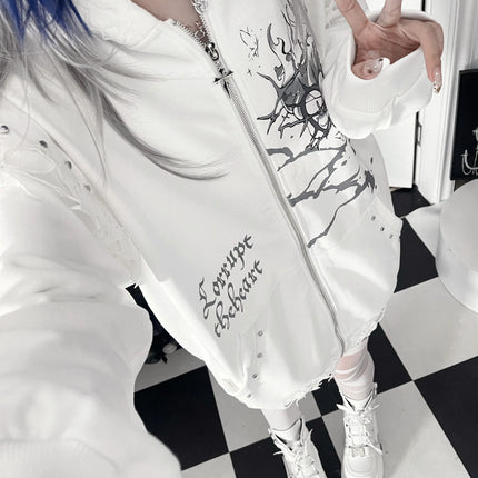 Original Print Subculture Dark Loose Cat Ear Distressed Hooded Sweatshirt Jacket Zip Up Hoodie Oversized Hoodie