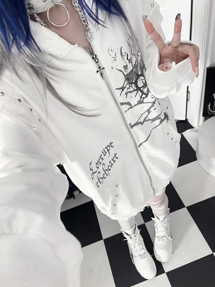 Original Print Subculture Dark Loose Cat Ear Distressed Hooded Sweatshirt Jacket Zip Up Hoodie Oversized Hoodie